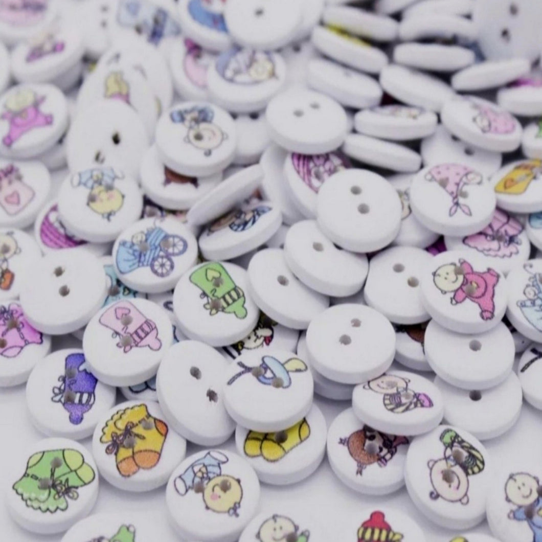 Pack of 10 Baby Buttons:  Mixed Colours/designs - (15mm)