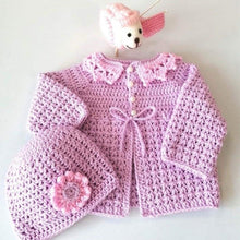 Load image into Gallery viewer, Little Collar Cardi and Daisy Hat Set: (3/6 months)
